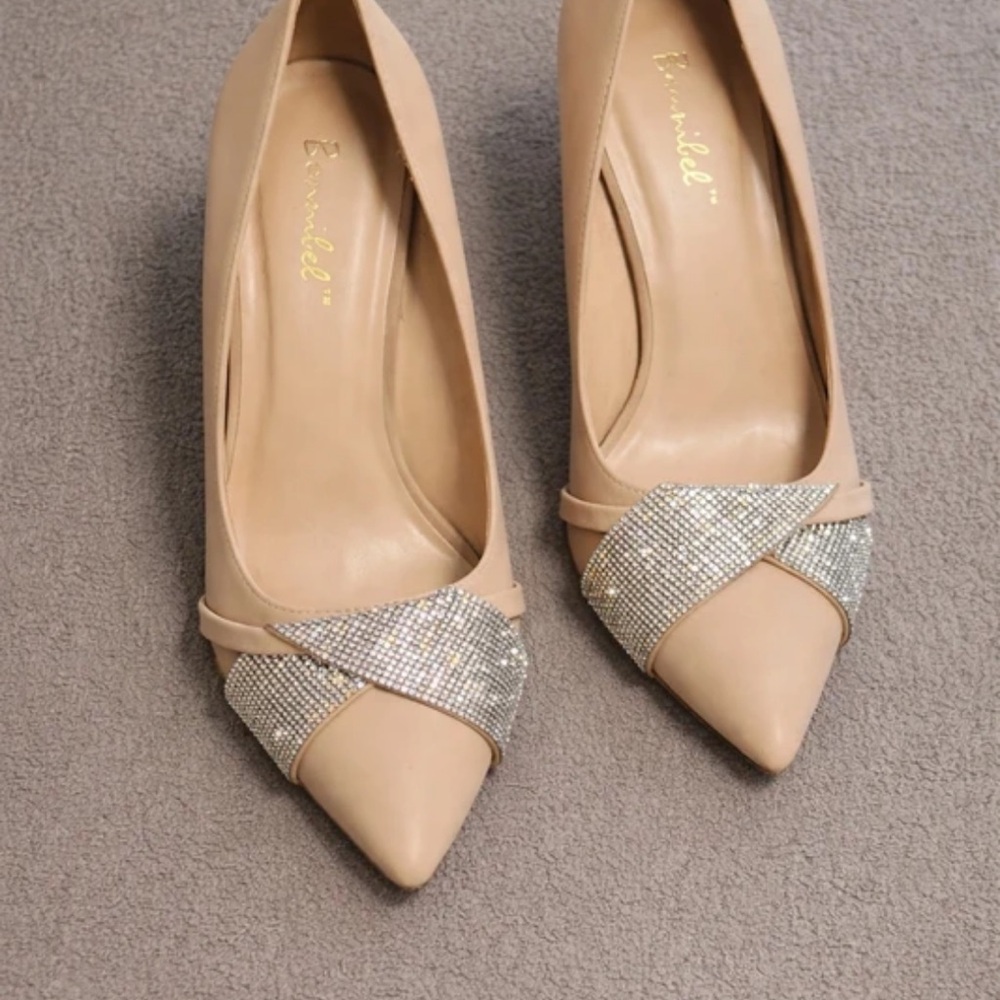 Bonnibel Nude Pointed Toe Pumps with Rhinestone Crisscross